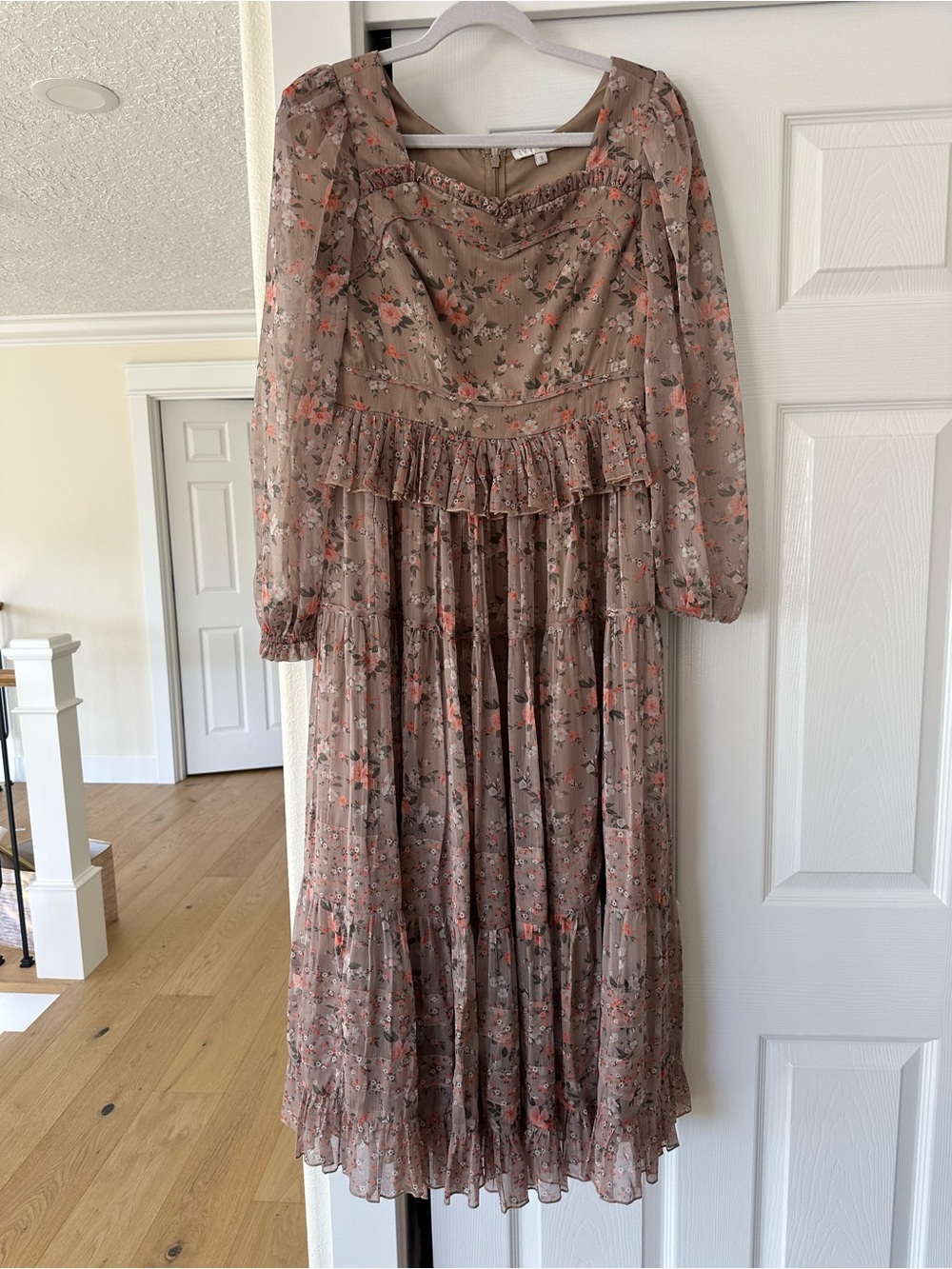 Ivy City Co Dusty Taupe Floral Ruffle Midi Dress